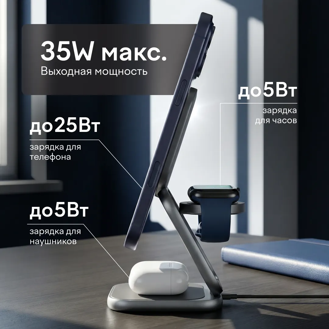 Складное беспроводное зарядное устройство 3 в 1 Magssory Fold Ultra для Apple Midnightphoto8