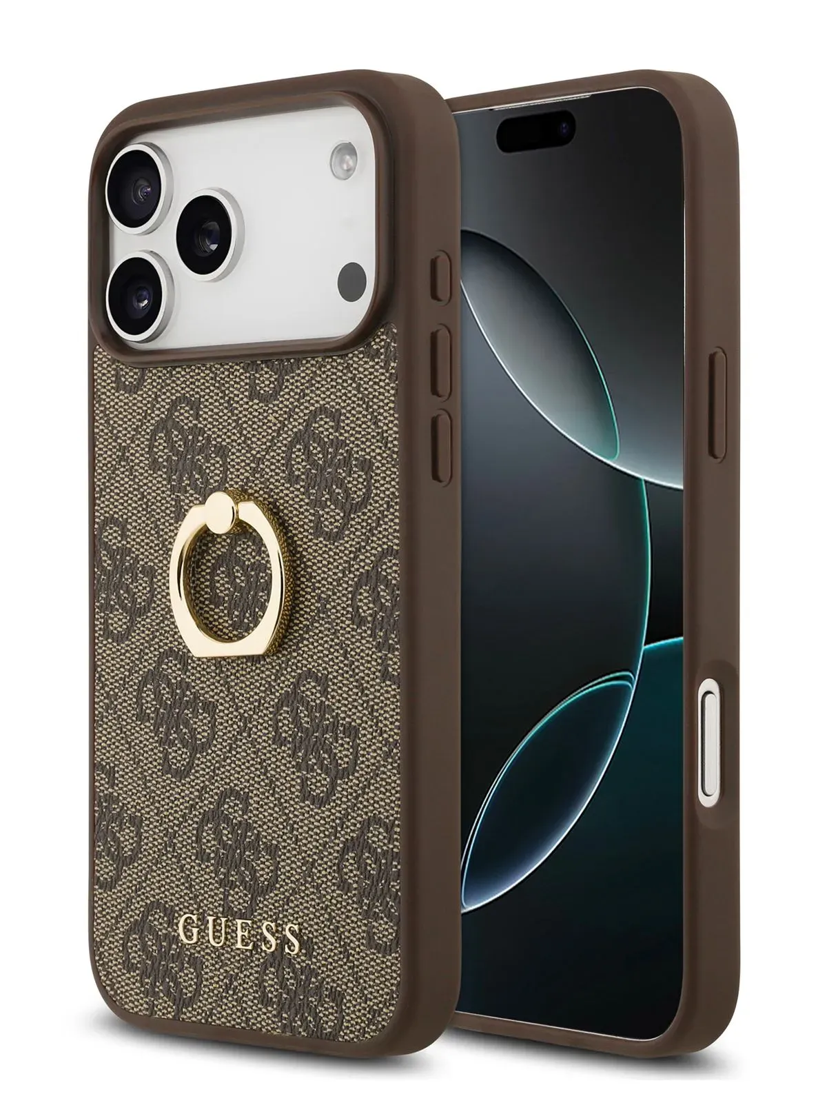 Чехол Guess на iPhone 17 Pro, Leather Ring, коричневый, с металлическими кольцом держателемphoto4