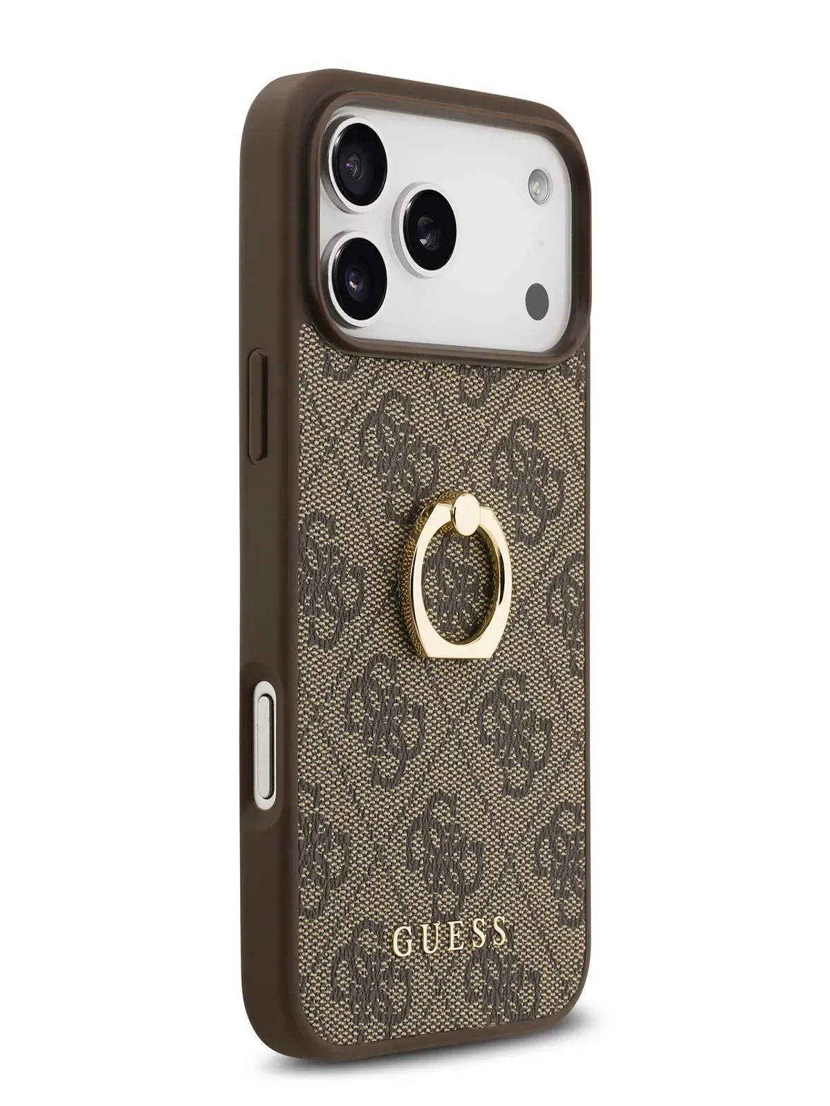 Чехол Guess на iPhone 17 Pro, Leather Ring, коричневый, с металлическими кольцом держателемphoto0