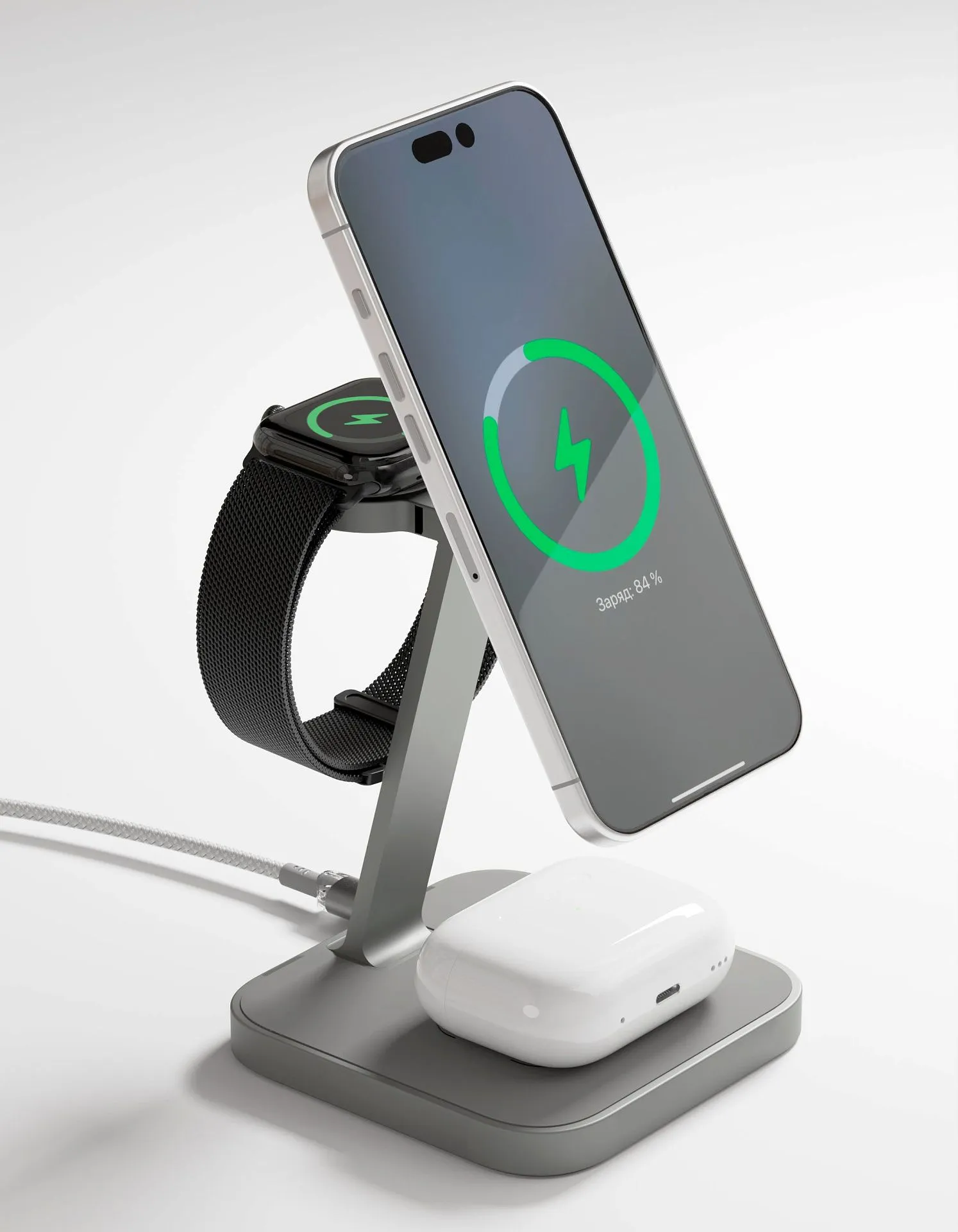 Беспроводное зарядное устройство VLP Unity Power 3in1 для Apple, натуральный титанphoto2