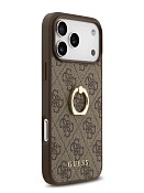 Чехол Guess на iPhone 17 Pro, Leather Ring, коричневый, с металлическими кольцом держателем